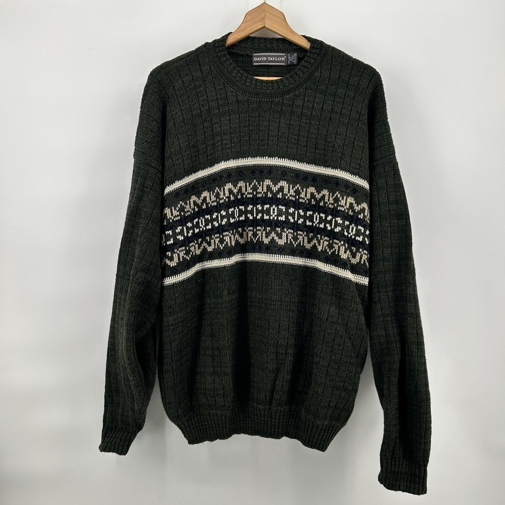 David Taylor Sweater Mens XLT Nordic Geometric Olive Green Grandpa 90s USA Vtg